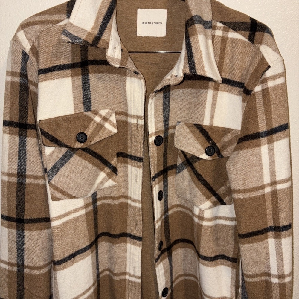 Thread And Supply Large Relaxed Fit Button Up Plaid Flannel Shirt Brown